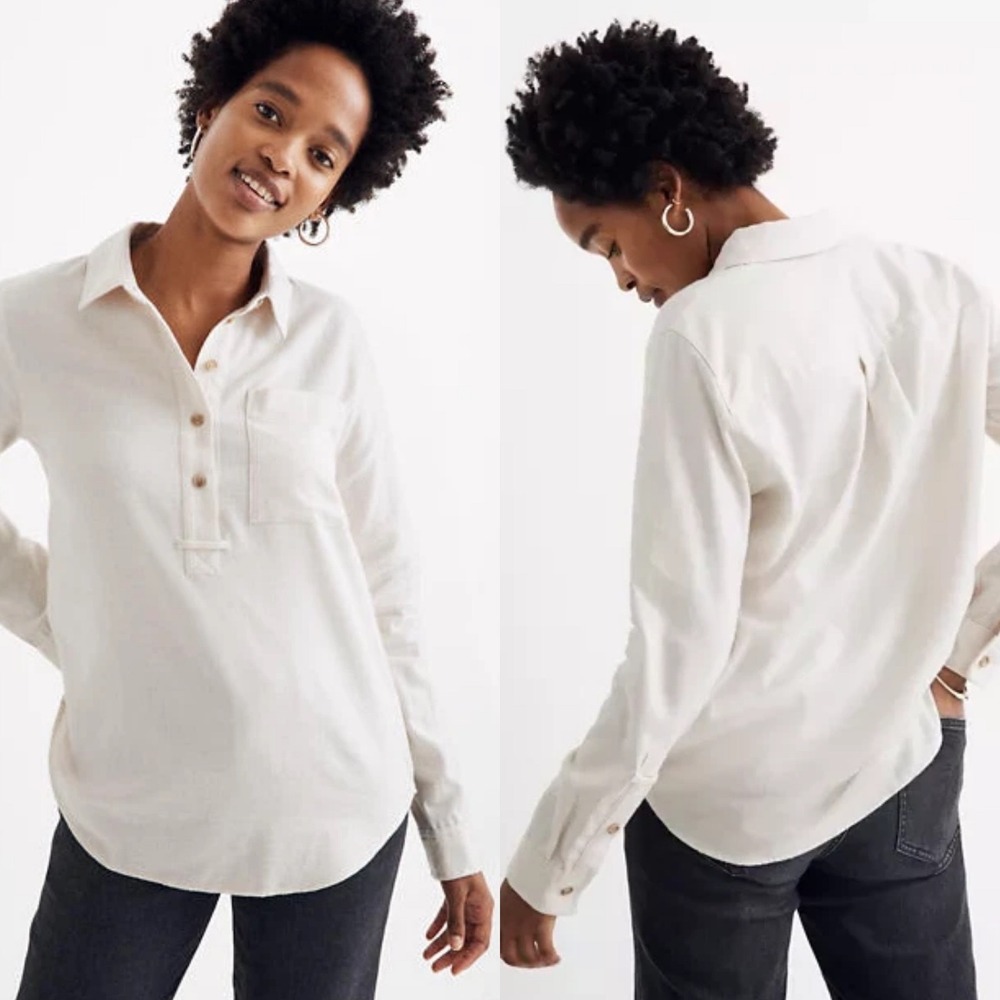 Madewell Flannel Classic Ex Boyfriend Popover Shirt XL Cream Minimal Henley